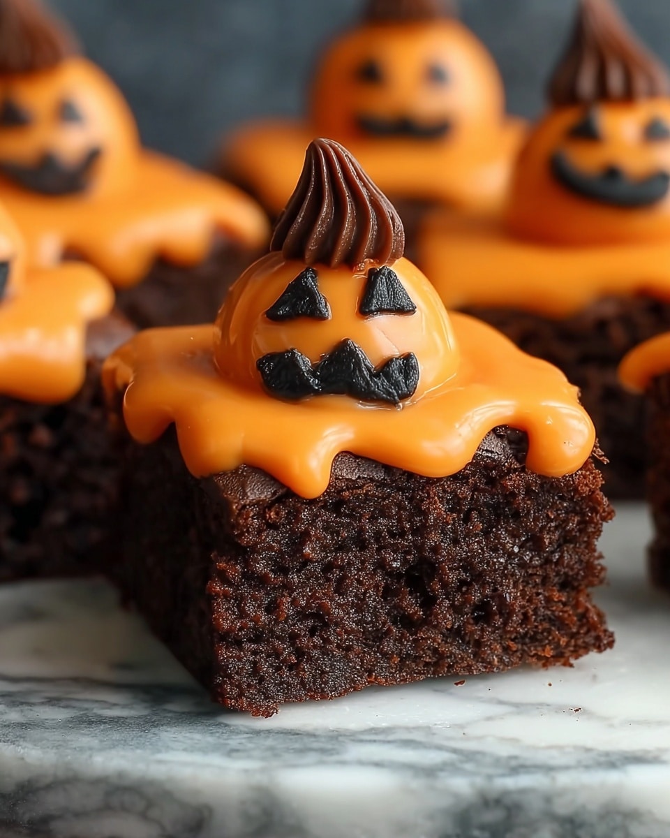 This image shows small square pieces of dark brown, moist brownie as the base, topped with a smooth, shiny orange layer that drips slightly down the sides. On top of each orange layer is a small orange marshmallow shaped like a pumpkin with a round, slightly flattened top and a small dark chocolate drop as the stem. Each pumpkin marshmallow has black eyes and a jagged mouth drawn on, resembling a jack-o'-lantern face. The brownies sit on a black surface with web-like patterns. photo taken with an iphone --ar 4:5 --v 7