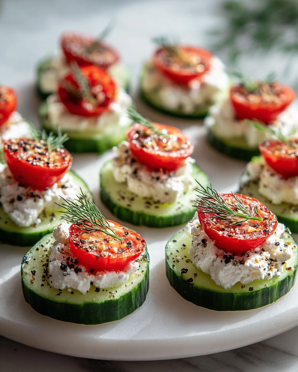 This image shows a white plate on a white marbled surface holding nine mini appetizers, each made of three layers. The bottom layer is a thick, round cucumber slice with a dark green edge and pale green inside. The middle layer is a dollop of white cottage cheese sitting on the cucumber. The top layer is a bright red cherry tomato half, with its seeds and juice visible. Each tomato is sprinkled with black and white seasoning, and a small green dill leaf is placed next to or on top of some tomato halves. The lighting is soft and natural, highlighting the fresh, crisp textures well. photo taken with an iphone --ar 4:5 --v 7