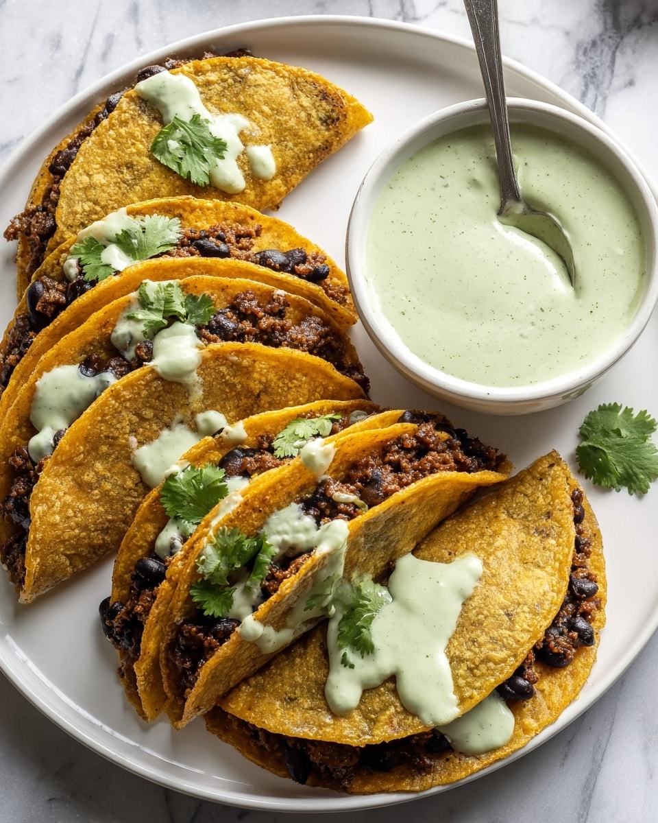 The image shows five folded tacos neatly arranged on a white plate placed on a white marbled surface. Each taco has a golden-brown crispy outer shell encasing a filling of cooked ground meat mixed with black beans, giving the filling a dark brown and black textured appearance. Drizzled over the tacos in a scattered manner is a creamy light green sauce with small specks of herbs. Fresh cilantro leaves garnish the tacos, adding a fresh green touch. To the right side of the plate is a small white bowl filled with the same creamy green sauce, with a metal spoon resting inside it. Photo taken with an iphone --ar 4:5 --v 7