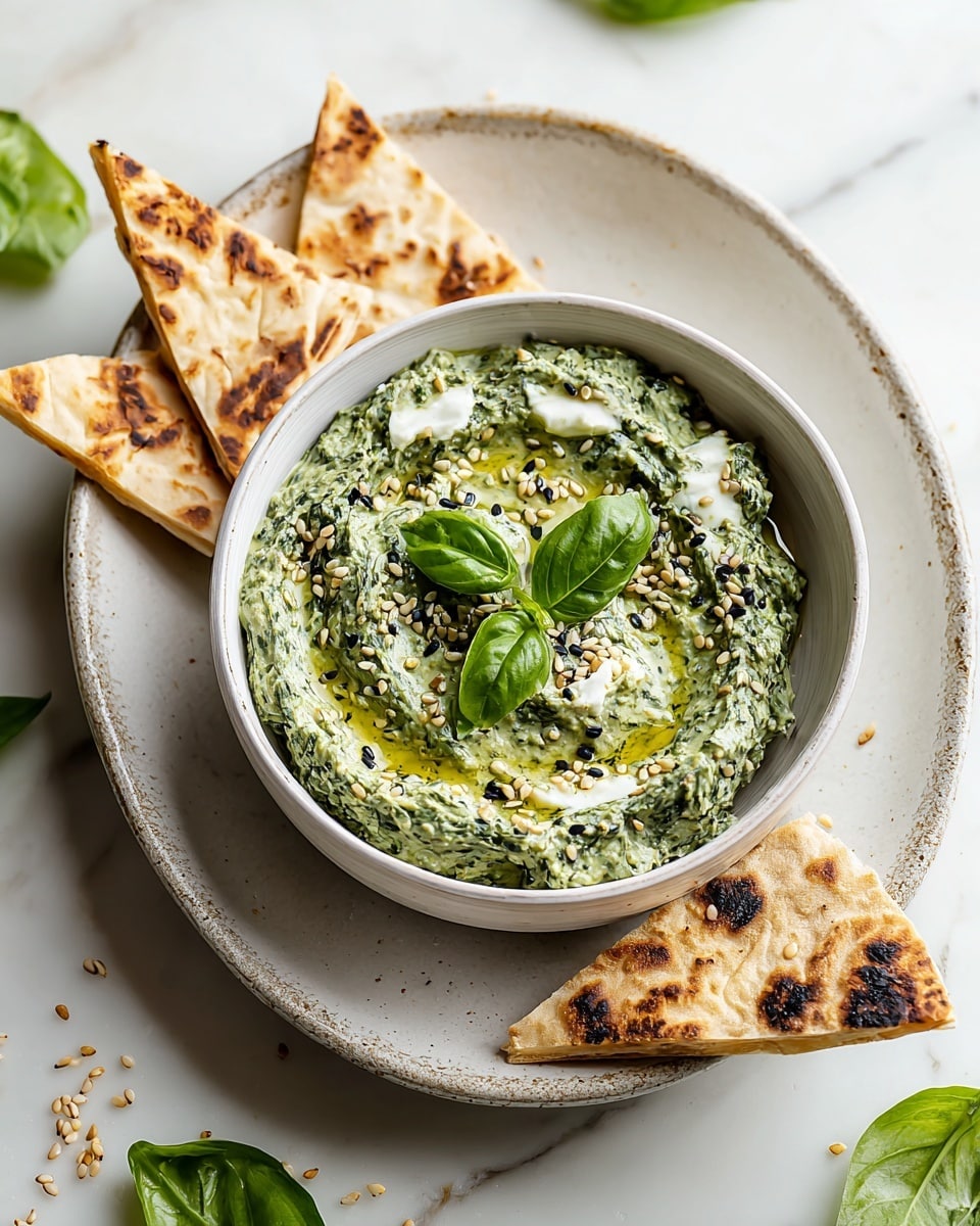 The image shows a small white bowl filled with a thick, green spinach dip, swirled on top with visible olive oil glistening and sprinkled with sesame seeds and small dollops of white cream. A fresh green basil leaf sits prominently in the center. The bowl is placed on a larger white plate that has a subtle glossy texture and slight brown edging, with toasted flatbread triangles resting on the left side of the plate. Around the plate, several fresh basil leaves are scattered on a white marbled surface, adding vibrant green accents. Photo taken with an iphone --ar 4:5 --v 7