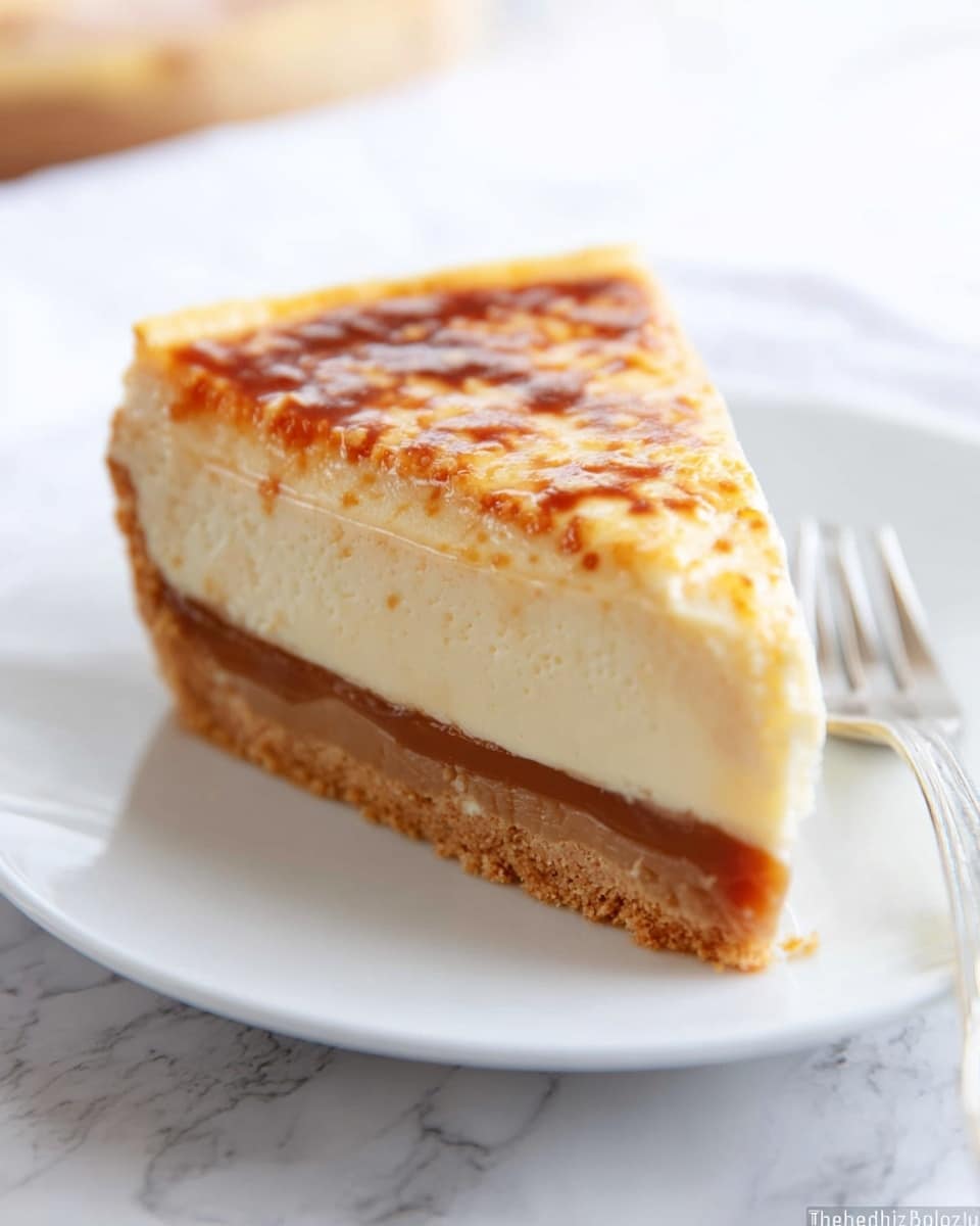 A single slice of dessert on a white plate shows three distinct layers. The bottom layer is a thin, light brown crust with a crumbly texture. Above it is a smooth, medium brown caramel layer, thick and glossy. The top layer is pale cream-colored with a soft, fluffy texture and a slightly browned, caramelized surface with golden spots. A silver fork lies next to the slice, and the background is a white marbled surface. Photo taken with an iphone --ar 4:5 --v 7