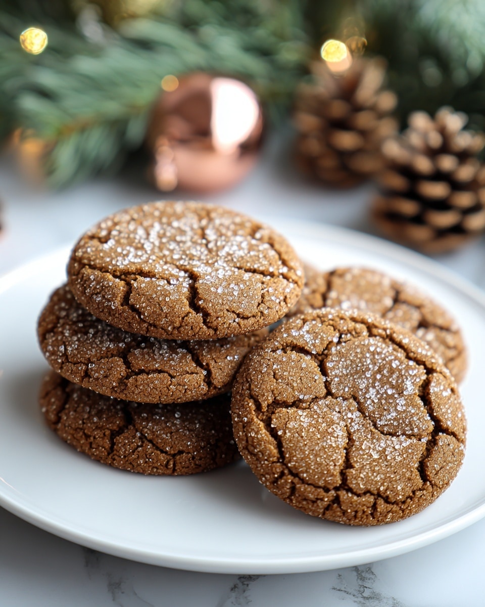 Five round, brown cookies with a cracked surface are stacked slightly overlapping on a white plate with a thin gold rim. The cookies have a rough texture with tiny sugar crystals sprinkled evenly on top, giving a sparkling effect. The plate sits on a white marbled surface, and there are blurred green pine branches and a brown pinecone in the soft-focus background. The lighting is natural and bright, highlighting the cookies' texture and sugar detail. Photo taken with an iphone --ar 4:5 --v 7