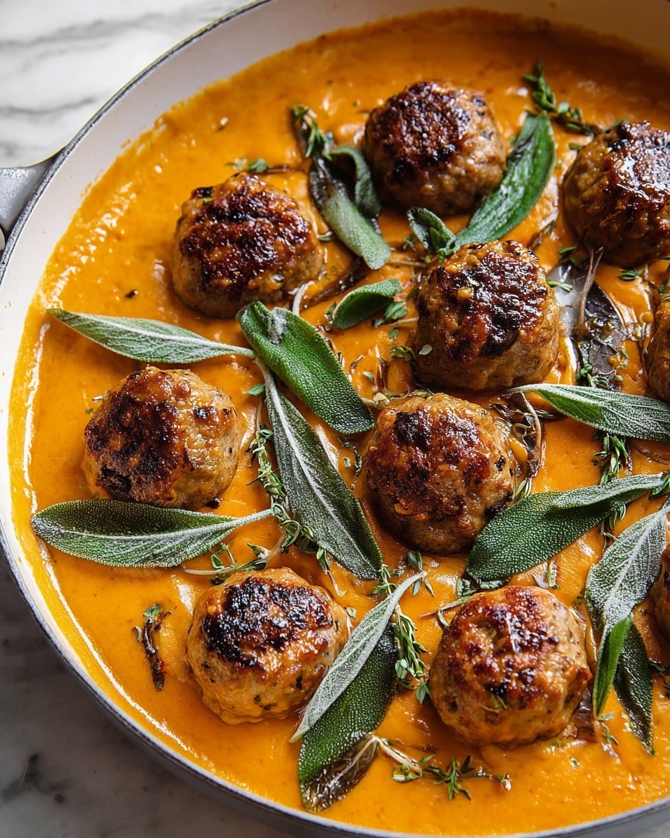 The image shows a white pan filled with a thick, creamy orange sauce as the base layer, smooth in texture. On top, there are evenly spaced round, browned meatballs with a slightly crispy surface and visible herbs mixed inside. Bright green sage leaves are scattered over the meatballs and sauce, adding a fresh, leafy layer. The dish is set on a white marbled surface. photo taken with an iphone --ar 4:5 --v 7