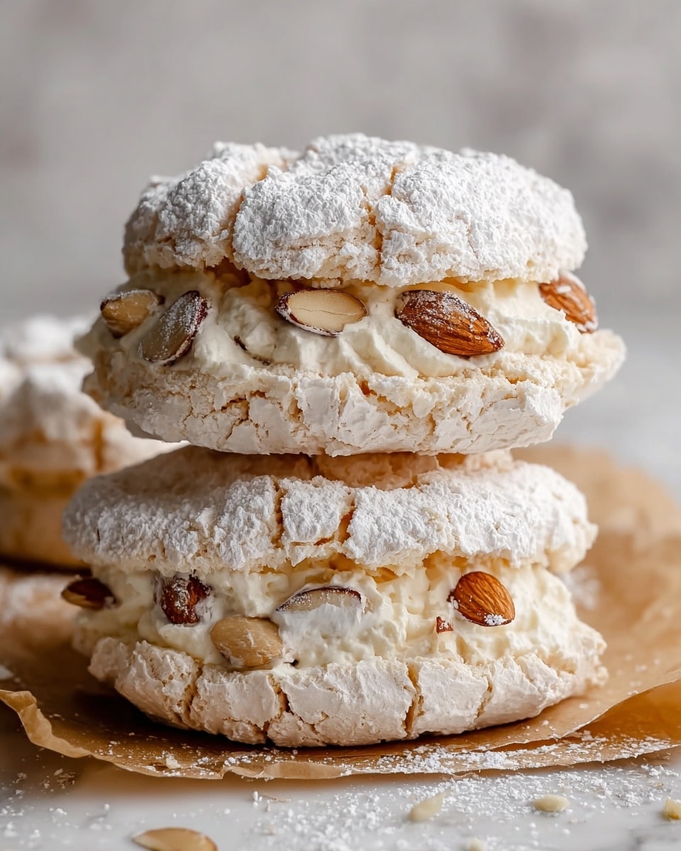Two layered almond meringue cookies stacked on top of each other, each with a rough, cracked white surface dusted with powdered sugar. Between each meringue layer is a thick, creamy white filling mixed with whole and sliced almonds, showing a soft and fluffy texture. The cookies have a light beige color with crisp edges that are slightly cracked, resting on a piece of brown parchment paper. The background is a white marbled texture. photo taken with an iphone --ar 4:5 --v 7
