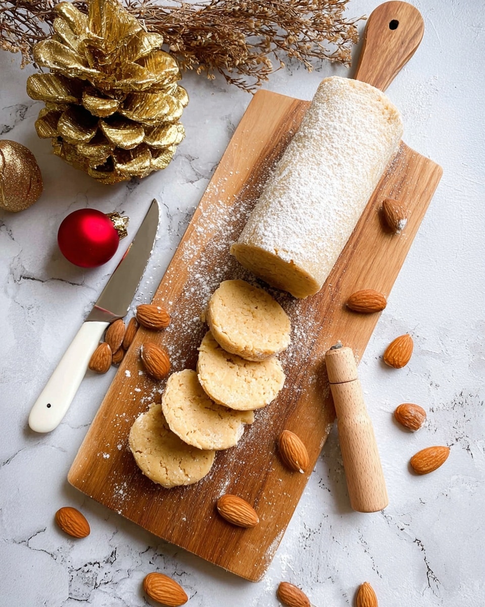 A light brown dough log rests horizontally near the top of a long wooden cutting board, with five round slices cut and neatly spread out below it, showing a slightly crumbly texture. A wooden rolling pin is placed diagonally on the right side of the board, and scattered whole almonds and white flour powder are sprinkled around the dough and cutting board. A white-handled knife lies to the left beside the board. Near the top left corner, there is a golden pine cone and a small red Christmas ornament nestled in dried straw, all set against a white marbled textured background. Photo taken with an iphone --ar 4:5 --v 7