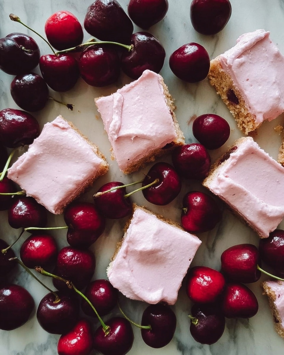 The image shows several square-shaped pieces of a dessert with a light golden brown base layer topped with a smooth, thick layer of pale pink frosting. These pieces are scattered on a white marbled surface, surrounded by many fresh cherries with dark red to deep purple colors and green stems. The dessert squares have a slightly crumbly texture on the base, while the frosting looks creamy and soft, spread unevenly on top. Photo taken with an iphone --ar 4:5 --v 7