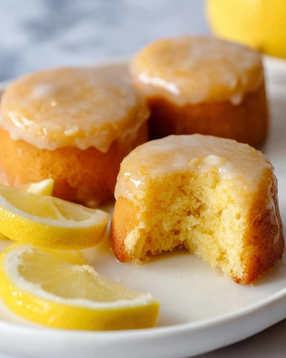 The image shows three small round lemon cakes with a shiny light golden glaze that covers the entire surface. The cake in the front has a bite taken out of it, revealing a soft, moist, yellow crumb inside. Two lemon wedges with bright yellow flesh and white pith sit near the cakes, adding a fresh look. All items rest on a white plate, placed on a white marbled surface. The background is softly blurred, focusing on the cakes and lemon wedges. photo taken with an iphone --ar 4:5 --v 7