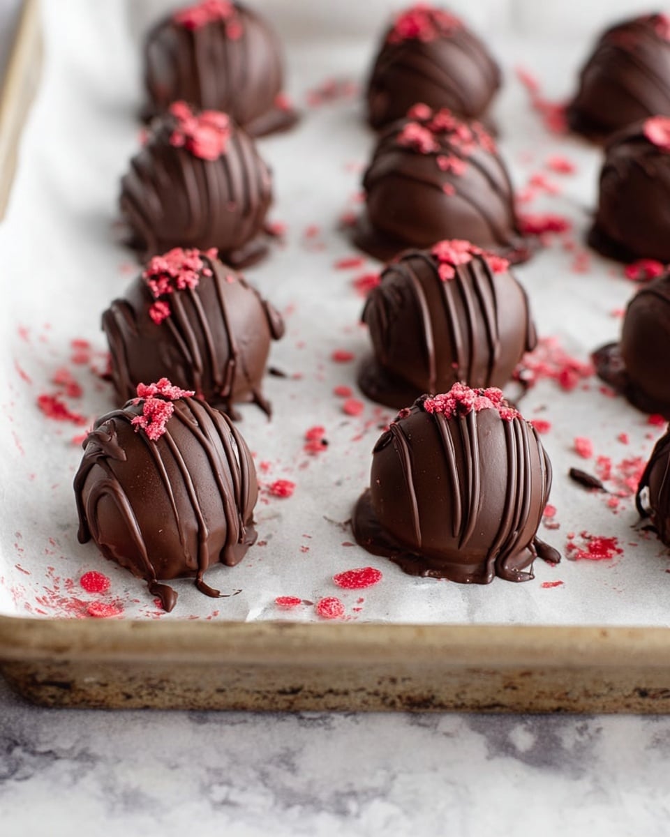 The image shows a stack of round, dark chocolate truffles with a smooth, shiny surface and fine lines of dark chocolate drizzled on top. Each truffle is sprinkled with small red decoration pieces, adding contrast to the dark brown color. These truffles are placed inside two white teacups stacked on each other, both decorated with delicate blue and green patterns and small pink flowers near the rim. The cups are set on a white marbled surface with a white cloth nearby, giving a clean and soft look. Photo taken with an iphone --ar 4:5 --v 7
