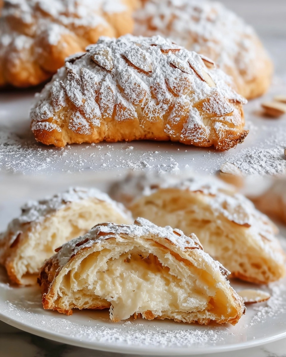 The image shows several crescent-shaped pastries arranged on a white plate placed on a white marbled surface. Each pastry has a lightly golden and flaky outer crust, dusted generously with white powdered sugar. One close-up of a half pastry reveals three visible layers: a golden-brown crispy bottom, a moist, pale yellow almond paste filling in the middle, and a textured top crust dusted with powdered sugar and decorated with small almond flakes. The pastries have a soft, crumbly texture with small cracks on the surface, and powdered sugar is scattered around them on the plate. photo taken with an iphone --ar 4:5 --v 7