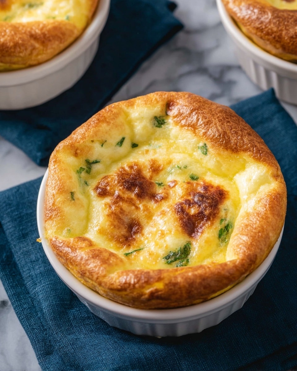 A round baked dish in a white ramekin with a golden brown, slightly puffed crust that folds inward, revealing a creamy yellow filling with bits of green herbs mixed in. The crust has a shiny, slightly textured surface, with some darker brown spots indicating it is well-baked. The dish sits on a blue cloth with a white marbled surface faintly visible beneath it. Another similar ramekin is partly visible at the top right corner. Photo taken with an iphone --ar 4:5 --v 7