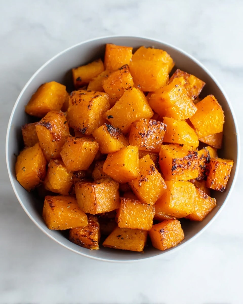 A bowl filled with roasted cubed pieces of bright orange butternut squash, each piece showing a slightly crisp golden-brown char on the edges. The cubes are piled high, covering the entire inside of a round white bowl, sitting on a white marbled surface. The texture looks soft but firm, with some pieces showing a shiny, caramelized glaze. photo taken with an iphone --ar 4:5 --v 7