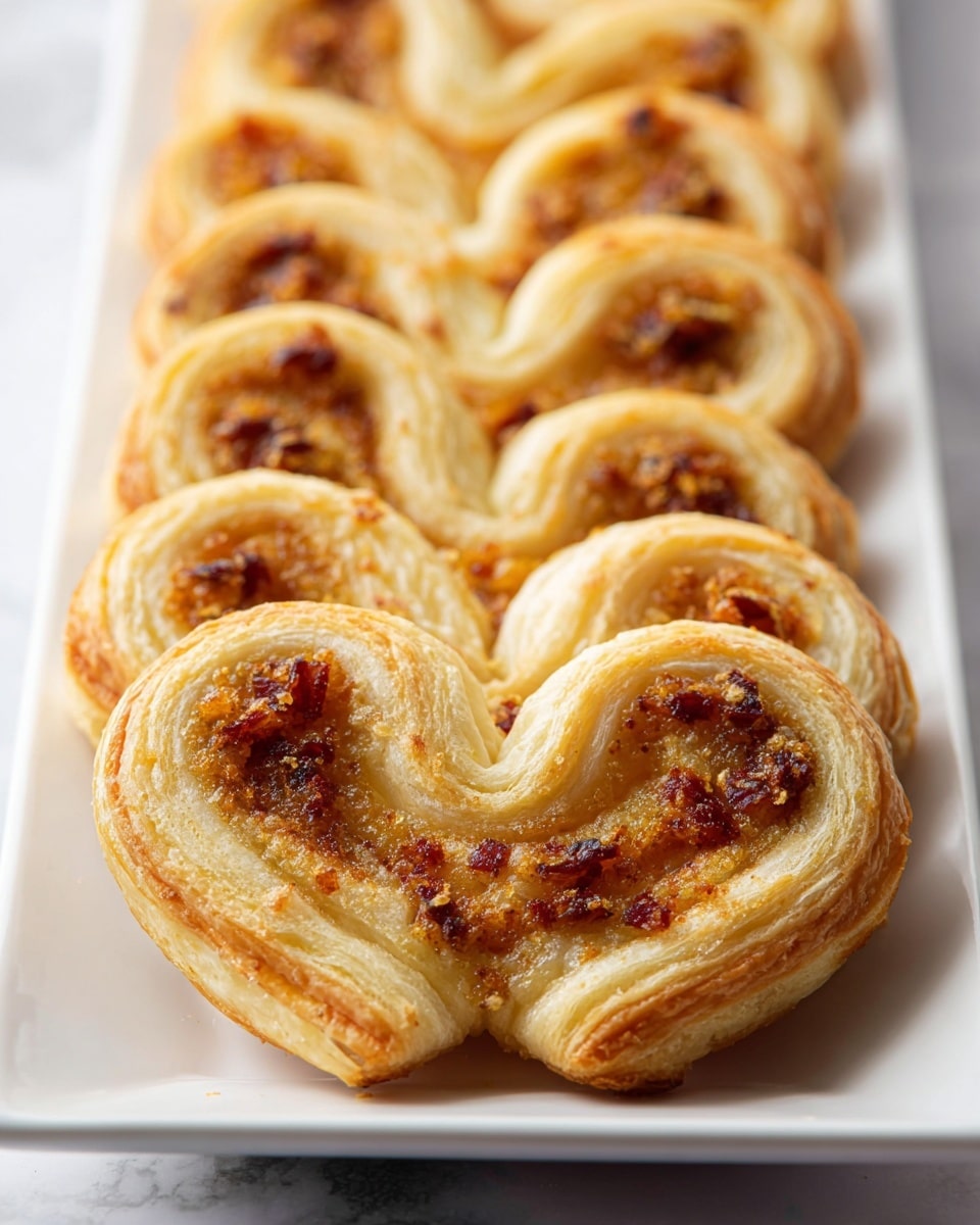 This image shows a close-up view of several palmier pastries arranged in neat rows on a white rectangular plate, which rests on a white marbled surface. Each pastry has a golden brown outer edge with a slight crisp texture and light beige inner layers that curl inward on both sides, forming a heart-like shape. Scattered throughout the swirled dough are small bits of what looks like a savory filling in reddish-brown and orange tones, adding a toasted and slightly caramelized texture in patches. The pastries have multiple thin, flaky layers visible along the edges, giving them a delicate and buttery appearance. The focus is sharp on the front pastries and gradually softens toward the background. photo taken with an iphone --ar 4:5 --v 7