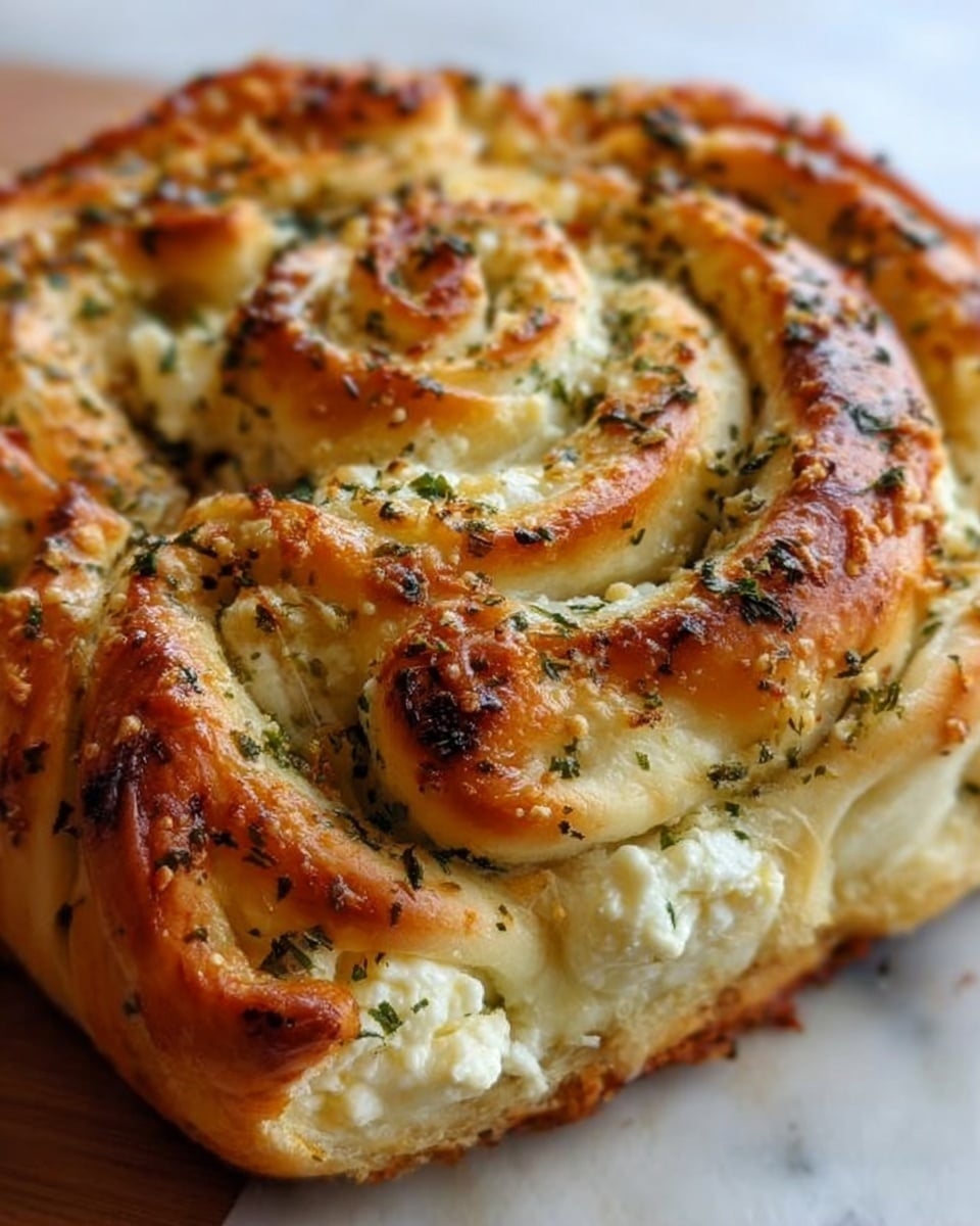 A close-up of a braided garlic bread loaf with multiple layers of soft, light golden dough twisted together, each layer showing melted white cheese and green parsley flakes inside. The outer crust is a shiny, darker golden brown with a slightly crispy texture, sprinkled generously with finely chopped parsley and bits of baked garlic. The bread rests on a white wooden board with a soft focus background of white marbled texture. photo taken with an iphone --ar 4:5 --v 7