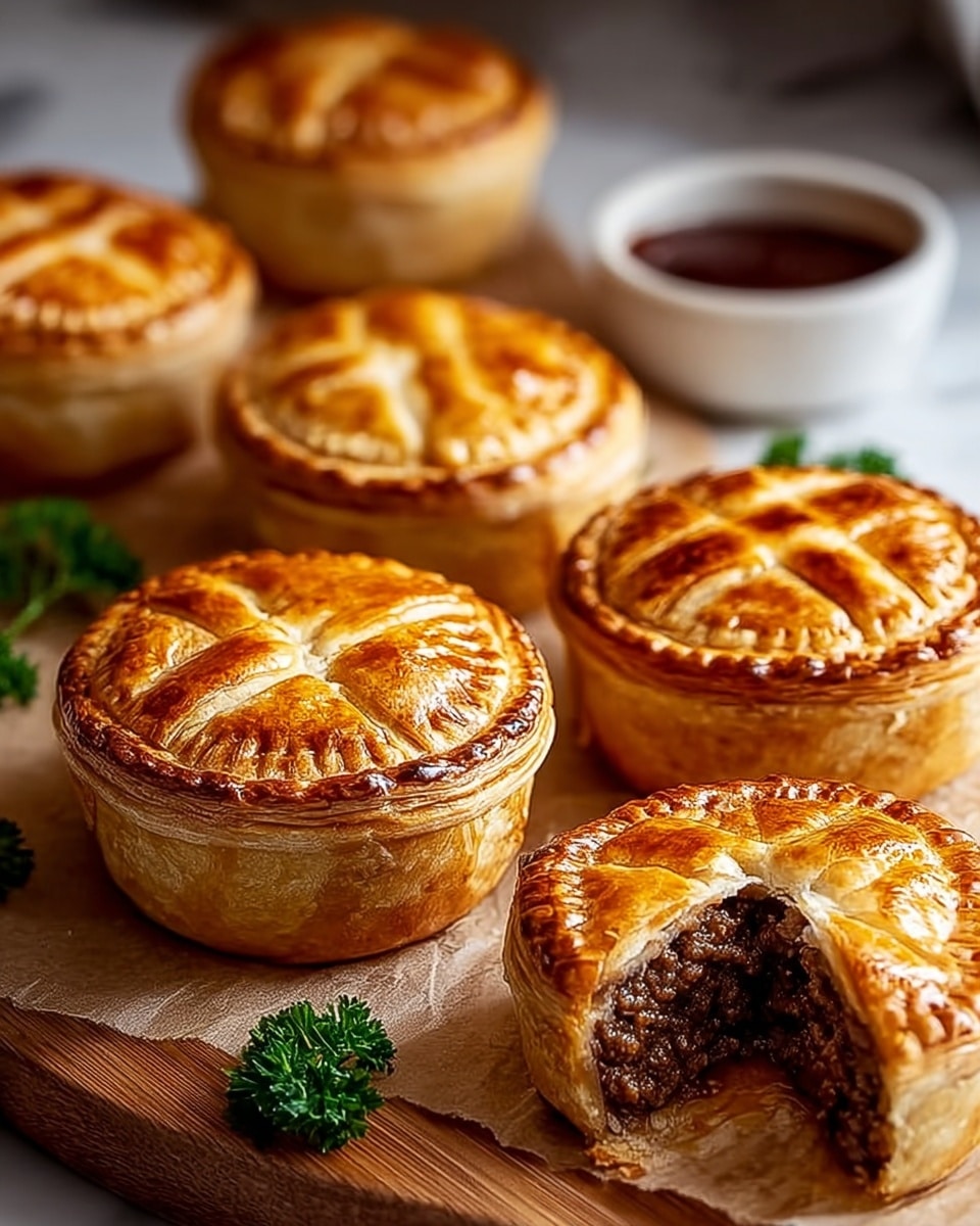 A close-up view of six round meat pies arranged on a wooden board with a piece of parchment paper underneath. Each pie displays a golden-brown, shiny, flaky pastry crust with a crisscross pattern on top, and thick edges that are nicely crimped. One pie in the foreground is cut open, revealing a rich, juicy, dark brown ground meat filling. Small sprigs of fresh green parsley are placed near some pies for garnish. In the blurred background, a small white bowl holds a dark red sauce. The entire scene is set on a white marbled textured surface. photo taken with an iphone --ar 4:5 --v 7