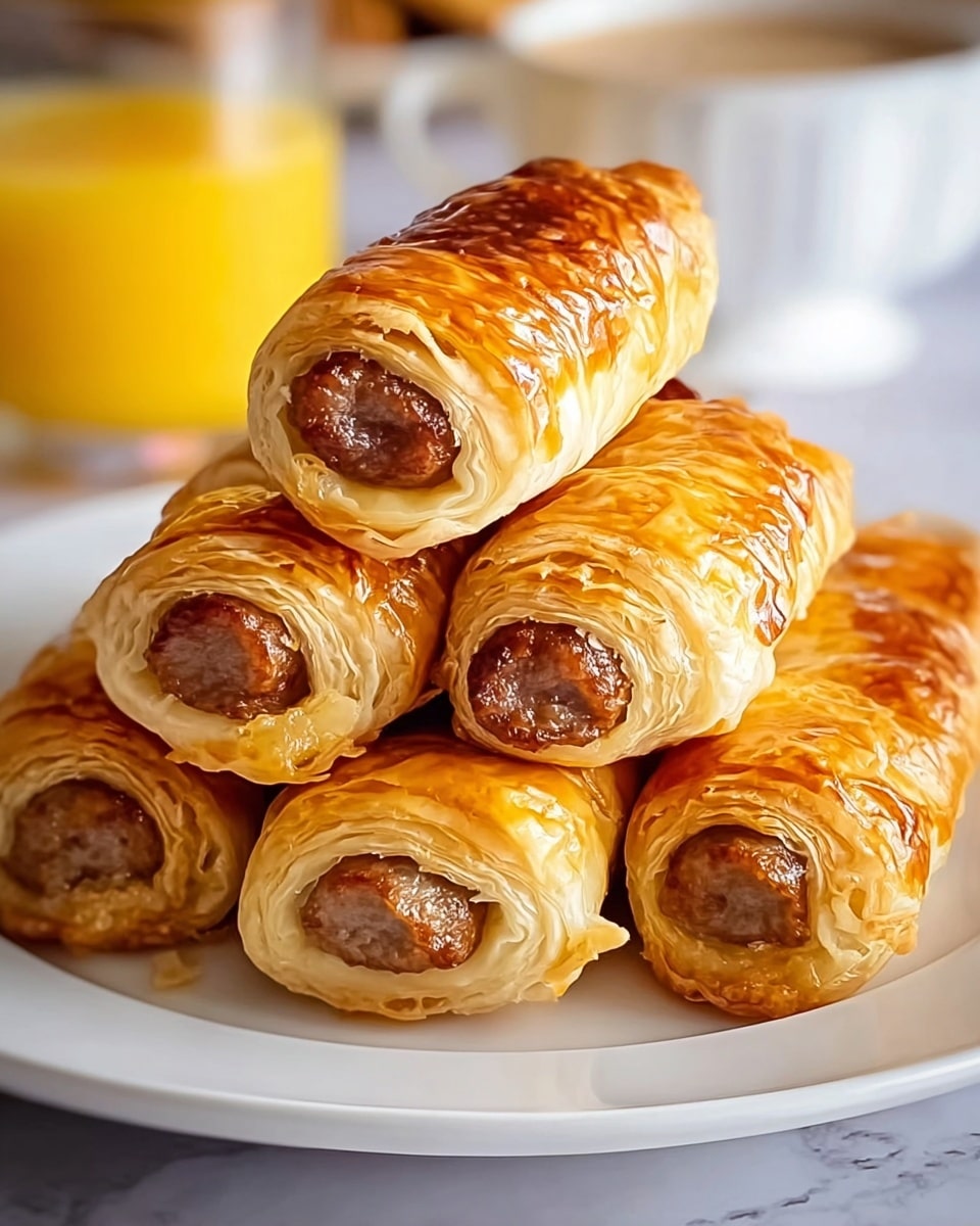 A white plate holds seven golden-brown sausage rolls arranged close together, each roll showing flaky, shiny pastry wrapped tightly around a visible cooked sausage in the center. The pastry layers have slight crisp edges with a slightly glossy finish. The background features a soft focus white marbled surface with a yellow cup and bowl blurred behind the plate. The overall look is warm and inviting with a neat and uniform stack of rolls. photo taken with an iphone --ar 4:5 --v 7