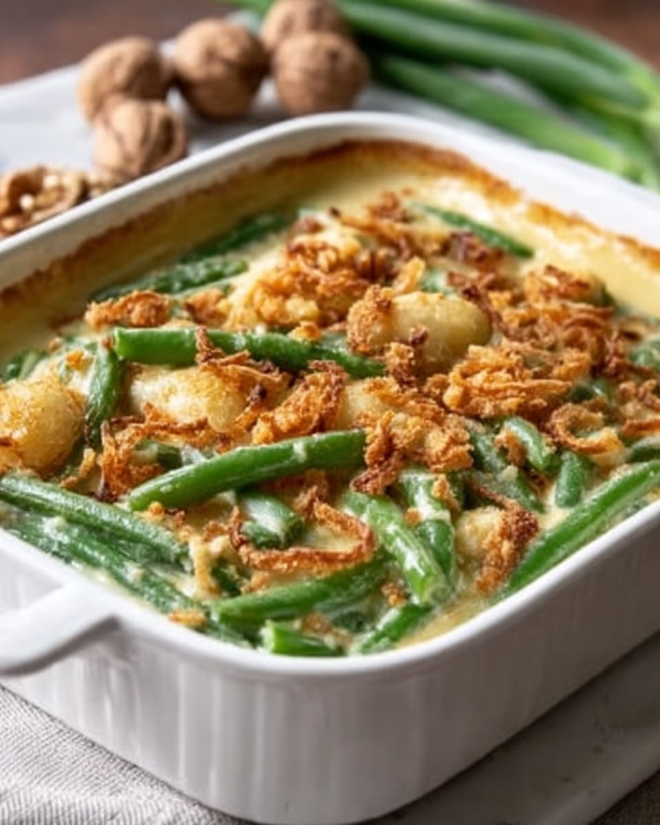 A white rectangular baking dish filled with a creamy green bean casserole sits on a white marbled surface. The dish shows about three layers: the bottom layer is a thick light beige sauce, the middle layer has whole bright green beans neatly spread out, and the top layer consists of golden brown crispy fried onions scattered evenly. The casserole looks baked with some bubbling sauce visible on the edges. The background has blurred green onions and walnuts to add context. Photo taken with an iphone --ar 4:5 --v 7