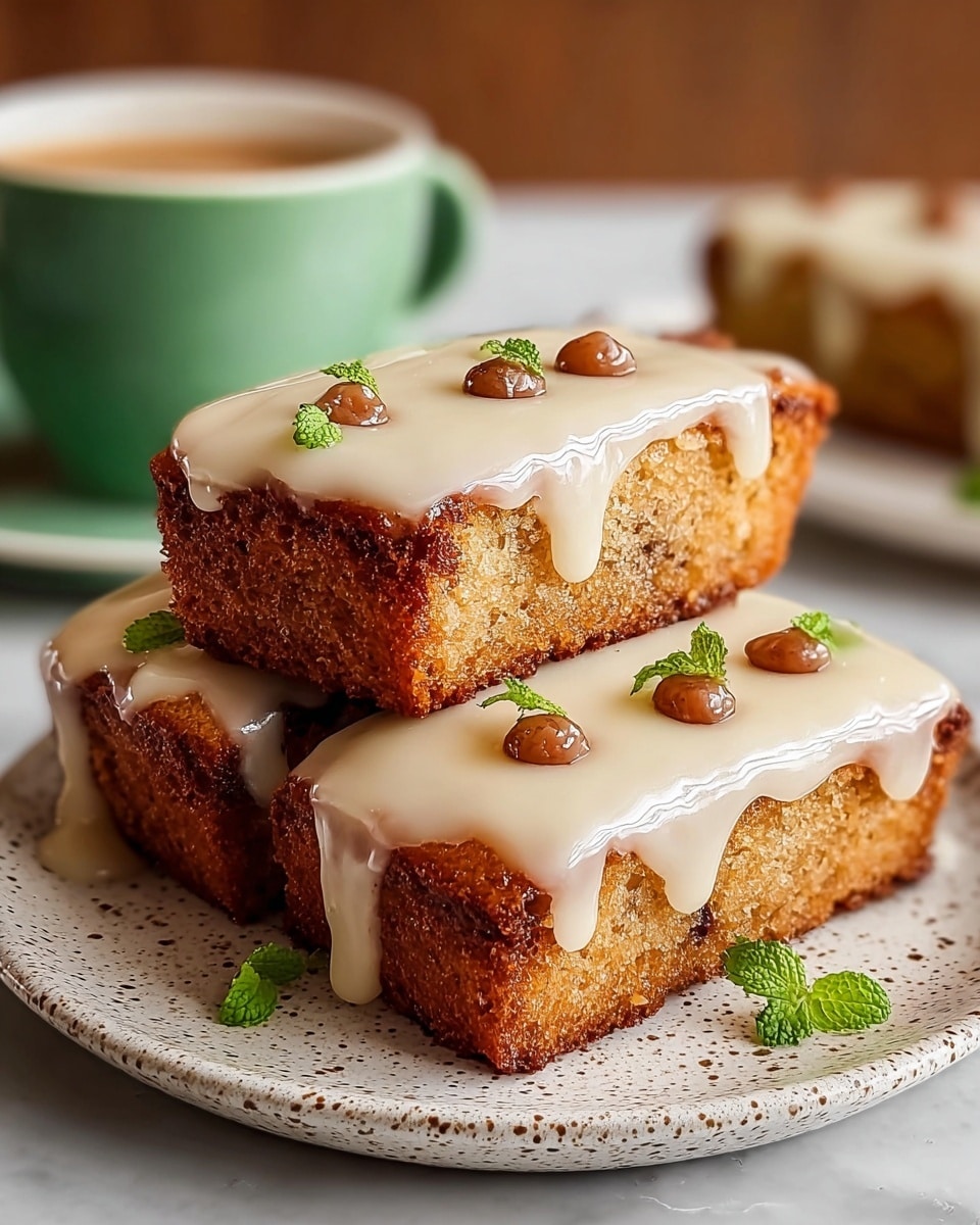 Three rectangular pieces of golden brown cake with a moist and textured surface are stacked on a white plate with speckled patterns. Each piece is thickly covered with smooth, creamy white icing that drips down the sides. Small brown round toppings and tiny green mint leaves decorate the top layer of icing, adding a fresh touch. In the background, a green cup with coffee or tea sits softly out of focus on a white marbled textured surface. photo taken with an iphone --ar 4:5 --v 7