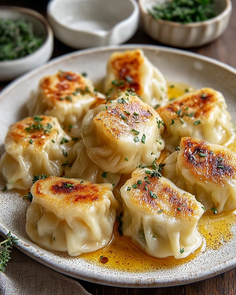 Nine pan-fried dumplings with a golden-brown crispy layer on top rest closely together on a round white plate with a textured surface. The dumplings have a soft, slightly translucent dough with some light folds, and are sprinkled with finely chopped green herbs. The dumplings sit in a thin layer of oil that gives them a shiny look. The background shows a white marbled texture with soft focus on some small white bowls and green leaves nearby. photo taken with an iphone --ar 4:5 --v 7