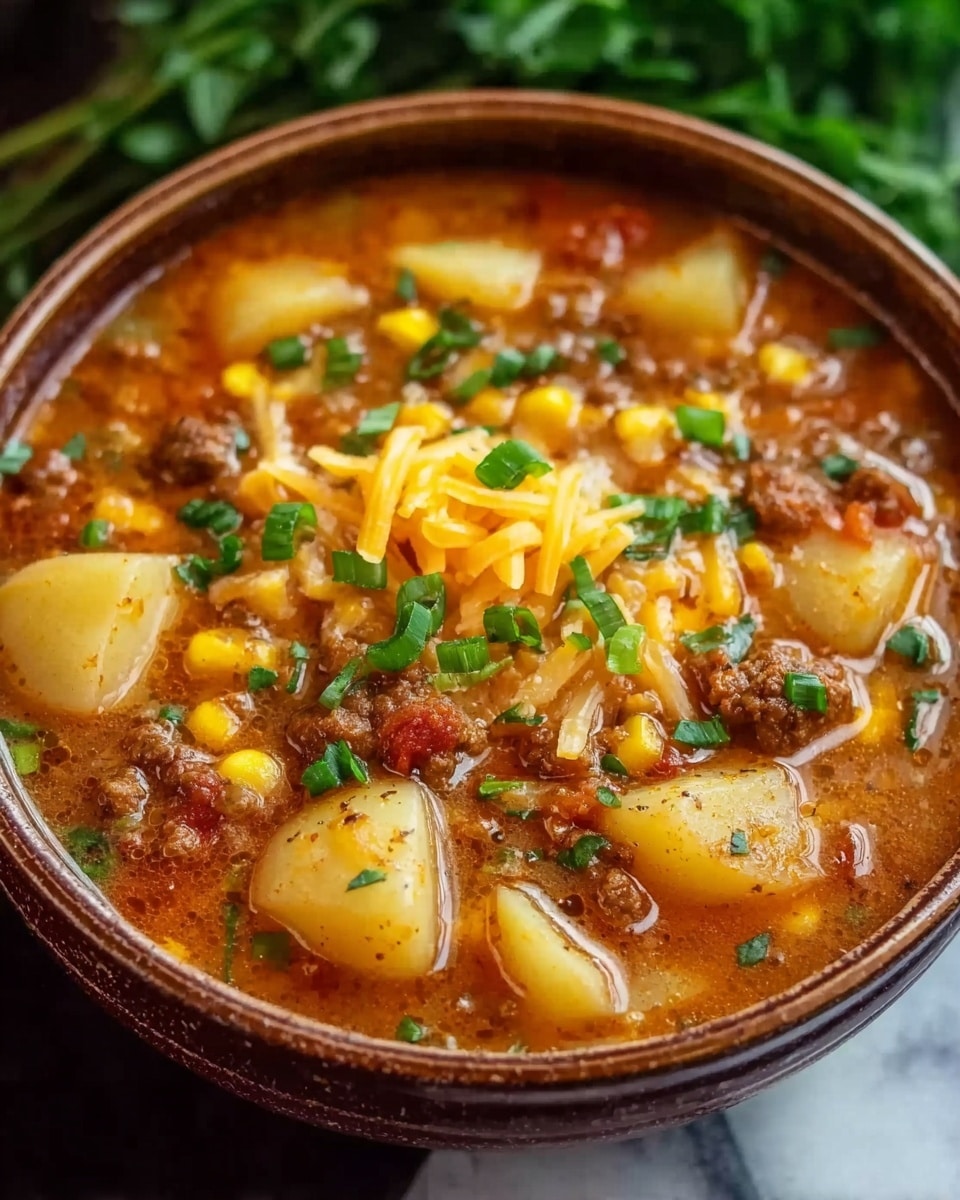 The image shows a brown bowl filled with a thick stew on a white marbled surface. The stew has around three visible layers: the base is a reddish-brown broth with small pieces of ground meat, yellow corn, and chunks of soft yellow potatoes. On top, there is a layer of shredded orange cheddar cheese and chopped green onions scattered over it. The bowl’s texture is smooth with a slightly speckled finish, and the stew looks warm and hearty. photo taken with an iphone --ar 4:5 --v 7