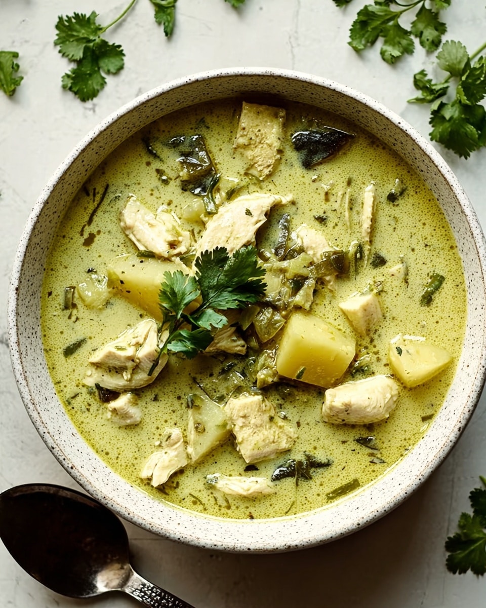 A top view of a bowl filled with creamy green soup, showing clear chunks of white chicken pieces mixed with small green herbs and darker green pepper pieces. The soup base is light green with many tiny green and black herb flakes throughout. Pieces of pale yellow potato or similar root vegetable are visible near the top. The soup is garnished with three bright green leaves of fresh cilantro placed in the center. The bowl is round with a speckled, light grey rim and sits on a white marbled surface, with a silver spoon partially visible to the right. Photo taken with an iphone --ar 4:5 --v 7
