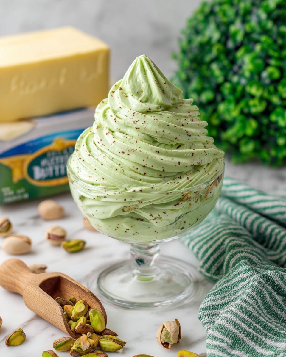 A large swirl of light green cream with tiny brown specks fills a clear textured glass dessert cup, rising high above the rim in soft peaks and ridges. The cup stands on a white marbled surface, surrounded by scattered pistachio nuts and a wooden scoop filled with more pistachios to the left. Behind, a block of yellow butter and a green leafy plant add background elements, while a light green and white striped cloth rests casually on the right side of the surface. The overall look is fresh and creamy with natural green and earthy tones. photo taken with an iphone --ar 4:5 --v 7
