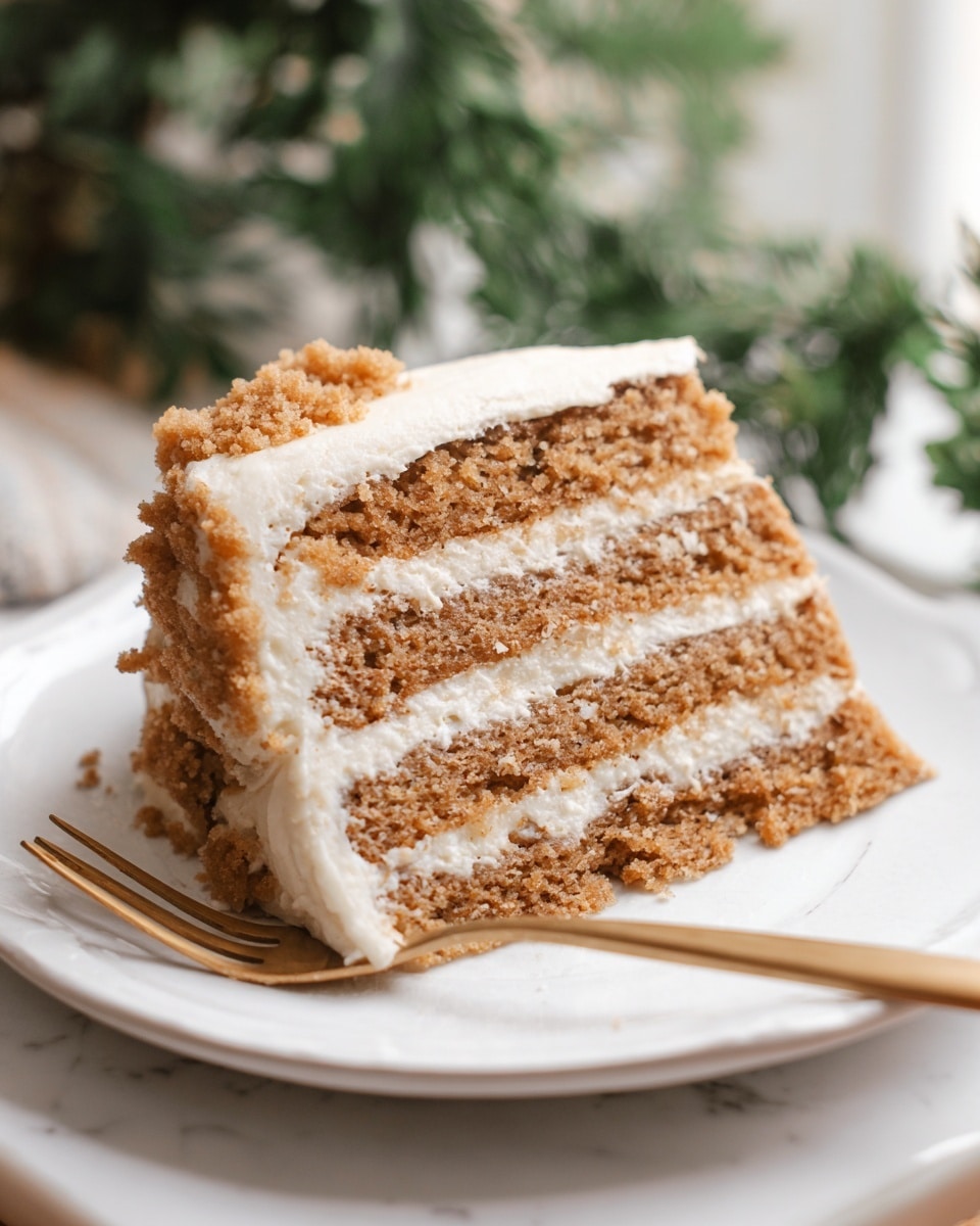 A close-up image of a three-layer cake slice on a white plate with a golden fork beside it on the left. The cake layers are light brown with a soft, moist texture, separated by thick layers of creamy white frosting that also covers the outer edges. The frosting appears smooth but slightly textured, with a small crumb topping near the front right edge of the slice. The setting has a soft focus background showing green foliage, with the plate set on a white marbled surface. Photo taken with an iphone --ar 4:5 --v 7