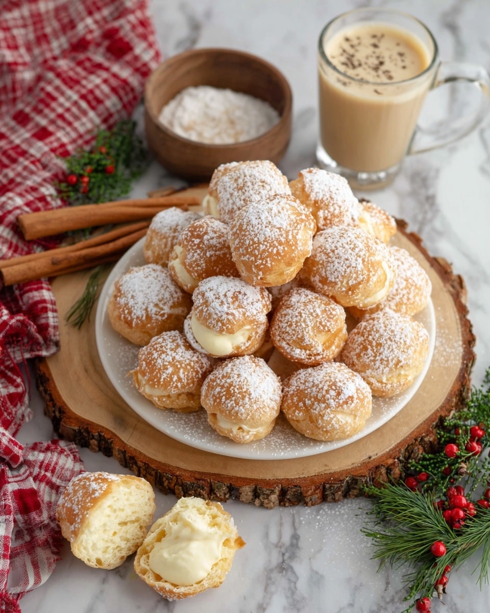 A white plate sits on a round wooden board, filled with about twenty small cream puffs dusted lightly with powdered sugar. The cream puffs are golden brown with a slightly crispy texture, and two of them are cut open to show a thick, smooth, creamy filling inside. Nearby, there is a small white bowl with powdered sugar, a glass of creamy eggnog topped with grated nutmeg, and a sprig of pine with red berries for decoration. A red and white checkered cloth is placed beside the plate on a white marbled surface with two cinnamon sticks. The setting gives a cozy, festive feeling. photo taken with an iphone --ar 4:5 --v 7