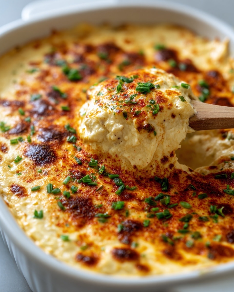 A close-up view of a creamy baked dip in a white ceramic baking dish, showing a thick, smooth top layer cooked to a golden brown with browned spots and sprinkled with finely chopped green herbs and a dusting of red spices. A wooden spoon lifts a generous scoop from the center, revealing a rich, soft, yellowish texture underneath the browned top. The white marbled surface is softly blurred in the background, highlighting the warm, inviting colors and textures of the blended layers. Photo taken with an iphone --ar 4:5 --v 7