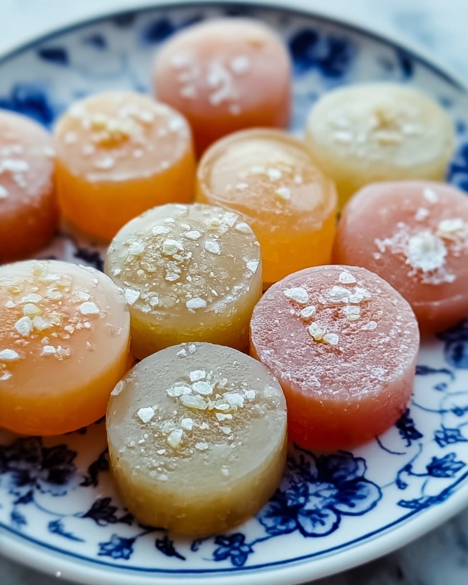 The image shows a close-up of round, translucent jelly-like sweets arranged closely on a white plate with blue floral patterns. Each sweet is about one layer thick with a smooth texture and covered with small white powdery bits scattered unevenly on the surface. The colors of the jellies vary softly between light orange, pale yellow, and pale pink shades. The surface beneath the plate is a white marbled texture. photo taken with an iphone --ar 4:5 --v 7