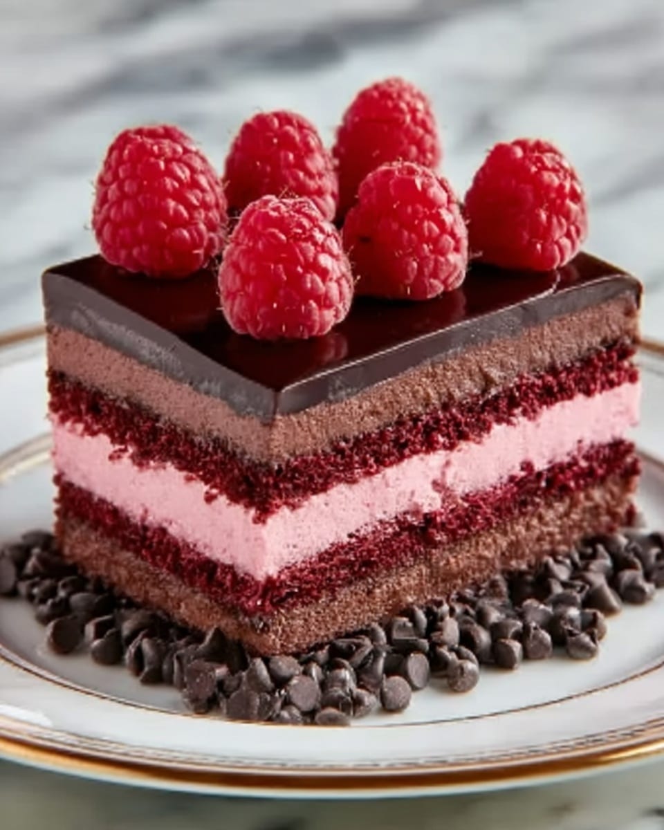 A piece of layered chocolate raspberry dessert sits on a white plate with a gold rim. The dessert has five visible layers: a dark brown chocolate cake base, a thick light pink raspberry cream layer, a thinner dark pink raspberry layer in the middle, another dark brown chocolate cake layer, and a smooth shiny dark chocolate glaze on top. Six fresh red raspberries are neatly placed on the top layer in two rows of three. Around the base of the dessert on the plate are many small dark chocolate chips. The plate rests on a white marbled surface. photo taken with an iphone --ar 4:5 --v 7