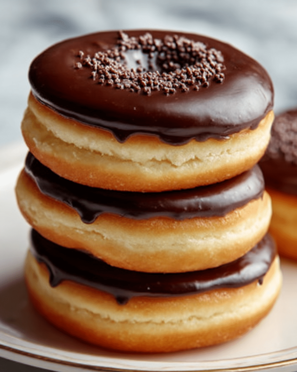 A close-up of a stack of three round donuts on a white marbled surface. Each donut has a soft, golden-brown base with a smooth, shiny dark chocolate glaze on top. The top donut is decorated with small dark chocolate sprinkles clustered in the center. The texture of the glaze looks thick and glossy, while the base appears fluffy and light. photo taken with an iphone --ar 4:5 --v 7