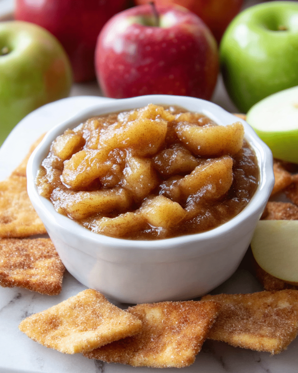 A small white ceramic bowl filled to the top with chunky apple cinnamon dip that has visible pieces of soft, golden-brown cooked apples in a shiny, slightly thick sauce surrounding and covering the fruit. The bowl sits in the middle of a white marbled surface, surrounded by several square-shaped crispy chips coated with cinnamon sugar, all placed close to the bowl. In the background, there are whole red and green apples, including one green apple cut in half to show its pale green inside. photo taken with an iphone --ar 4:5 --v 7