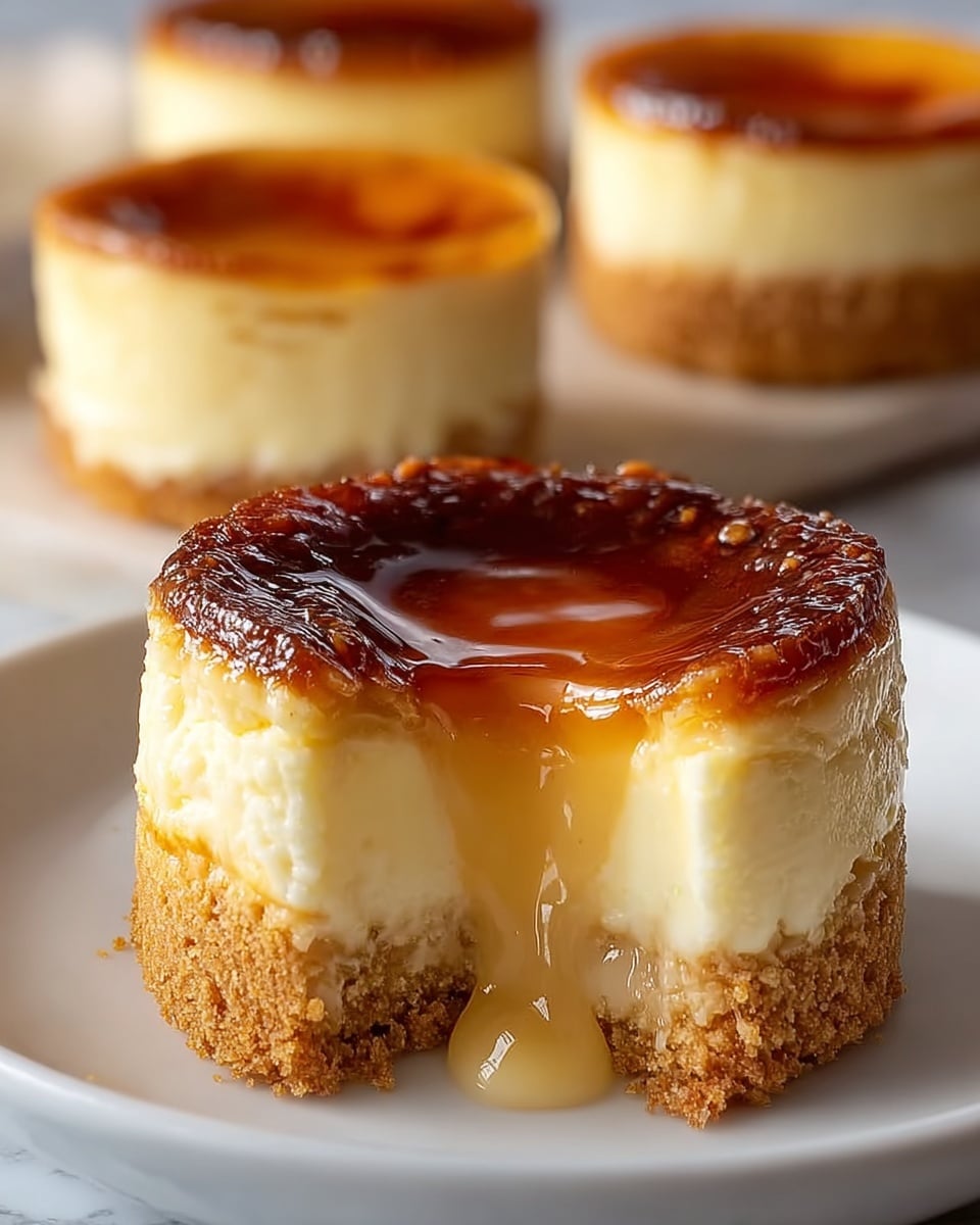 A small round dessert with three clear layers sits on a white marbled surface; the bottom layer is a crumbly light brown crust, the middle layer is a thick, creamy pale yellow filling that is soft and oozing slightly out of a bite taken from the front, and the top layer is a shiny, golden caramel glaze that looks sticky and rich. In the background, four more of the same desserts are slightly blurred, showing their textured caramel tops and creamy bodies. photo taken with an iphone --ar 4:5 --v 7