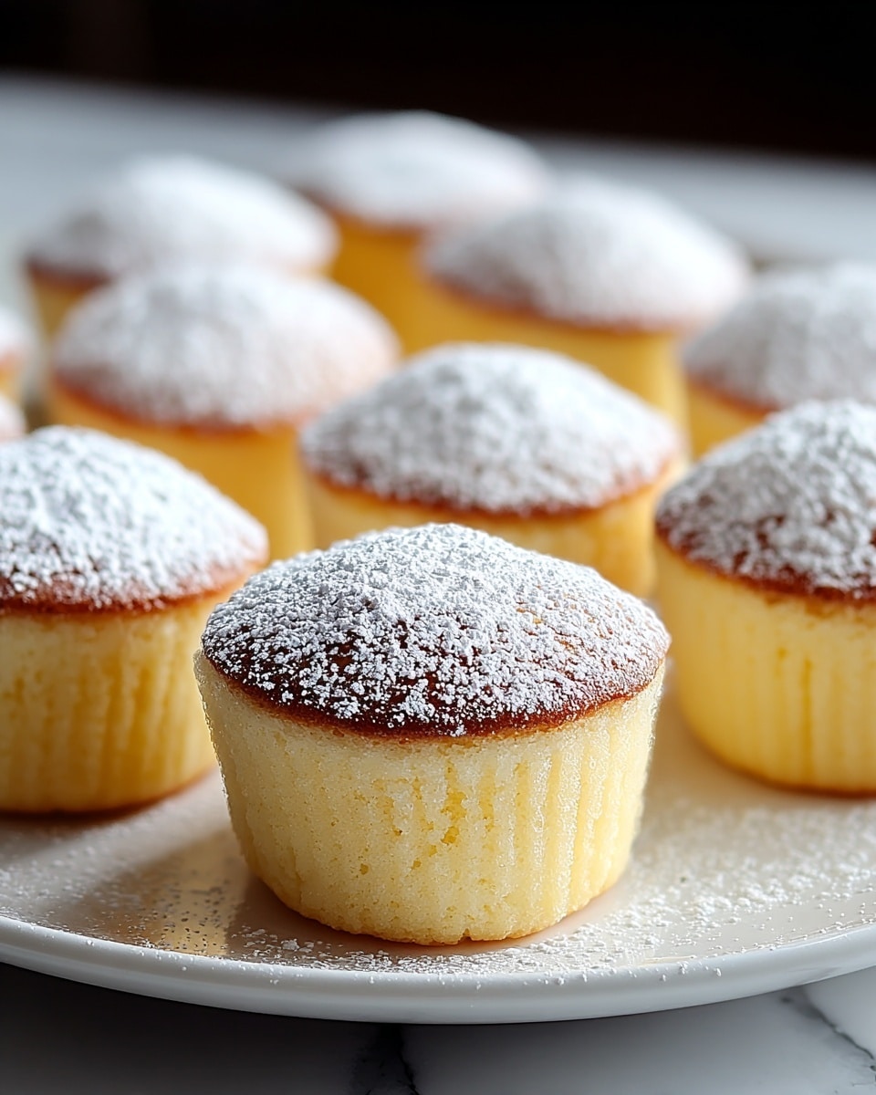 The image shows a close-up view of several small cupcakes arranged on a white plate, placed on a white marbled surface. Each cupcake has one layer, with a light yellow baked base covered by a slightly golden brown top. The tops of the cupcakes are dusted with white powdered sugar, creating a soft, powdery texture that contrasts with the smooth, soft cake below. The background is softly blurred, highlighting the cupcakes in the foreground, and the light reflects subtly on the plate's edge. photo taken with an iphone --ar 4:5 --v 7