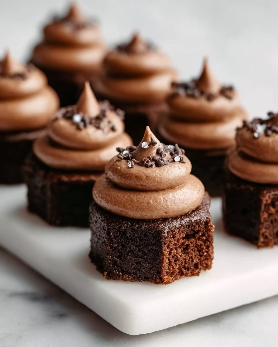 A group of small, round chocolate cakes is neatly arranged on a white rectangular tray placed on a white marbled surface. Each cake has two main layers: a darker brown base layer with a dense, moist texture and a thick, smooth, lighter brown frosting on top. The frosting is swirled upwards into a small peak, and there are small bits of chocolate sprinkled over the frosting. The focus is on the closest cake in the front, with the other cakes softly blurred in the background. Photo taken with an iphone --ar 4:5 --v 7