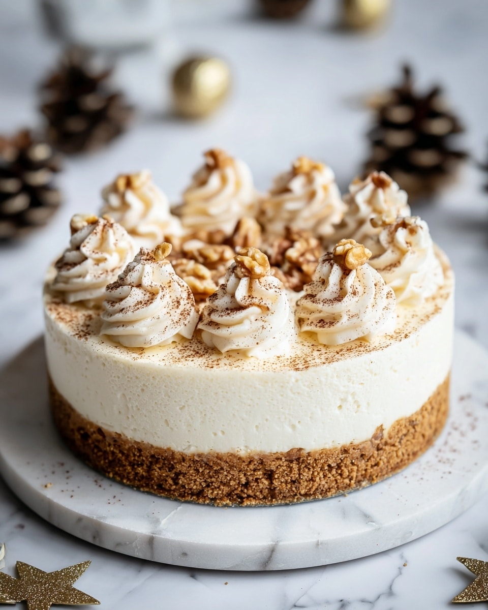 A round cheesecake with two distinct layers sits on a white marble textured round board; the bottom layer is crumbly and golden brown, while the top layer is smooth, thick, and creamy white. On the top surface, there are eight swirled dollops of whipped cream spaced evenly around the edge, each sprinkled with brown cinnamon powder and small pieces of walnuts. The sides of the cheesecake are clean, showcasing the contrast between the crumbly base and creamy top. The background is softly blurred, with pine cones and small golden decorations, all set on a white marbled surface. photo taken with an iphone --ar 4:5 --v 7