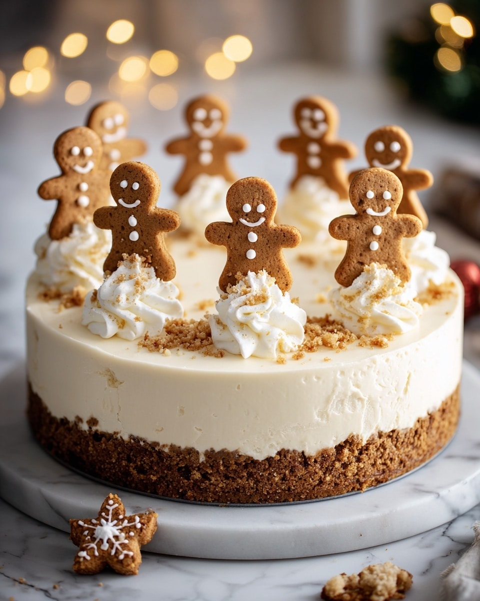 A round, two-layered cake sits on a white marbled surface; the bottom layer is a thick, crumbly brown crust, while the top layer is a smooth, creamy white cheesecake. The top is decorated with eight small gingerbread cookies, each with a smiling face made of white icing, standing upright in dollops of white whipped cream evenly spaced around the cake. There are also small scattered crumbs on the top layer, adding texture. A soft focus background of warm lights and hints of holiday decor enhances the festive feel. photo taken with an iphone --ar 4:5 --v 7