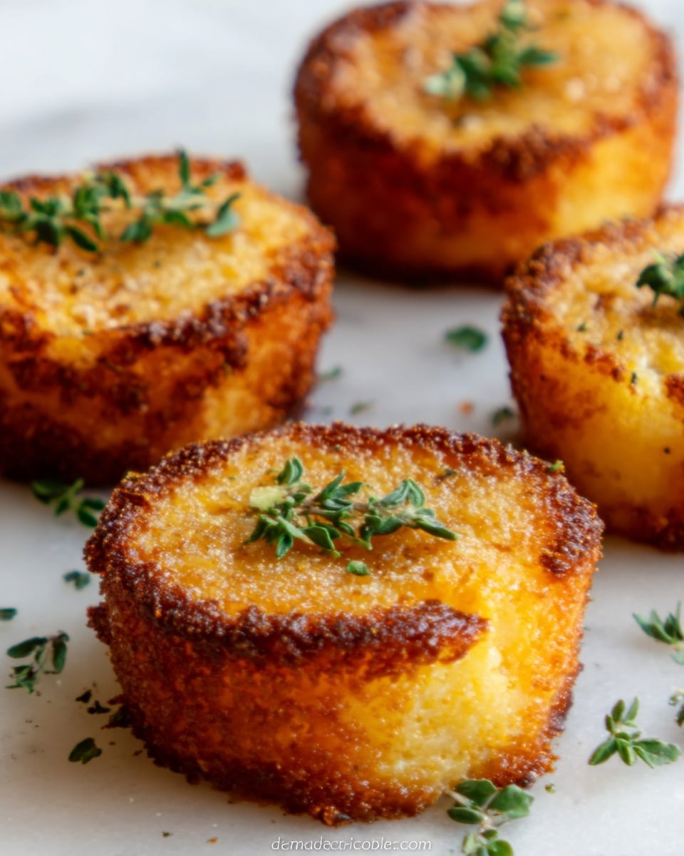 The image shows a close-up of four small, round, golden-brown cakes with a slightly rough, crispy outer layer. Each cake has a rich orange inside, showing a soft texture, and the tops are sprinkled with small green herb leaves. They are placed on a white marbled surface, with a bit of loose green herb scattered around. The cakes look warm, crispy, and inviting. photo taken with an iphone --ar 4:5 --v 7