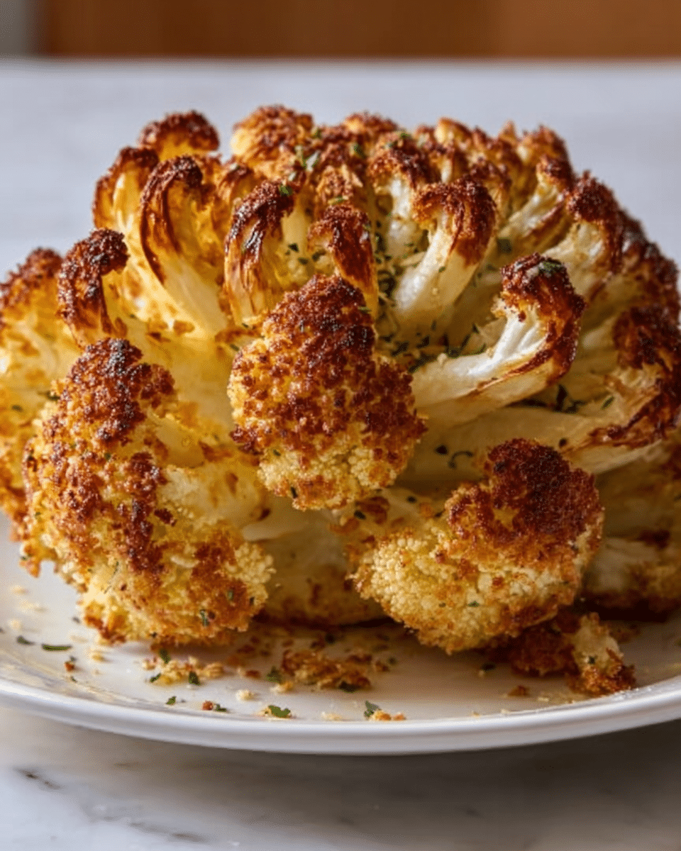 A whole roasted cauliflower is placed at the center of a white plate on a white marbled surface. The cauliflower is cut into many thick petals radiating outward from the base, each petal golden brown with crispy, slightly burnt edges covered in toasted breadcrumbs and herbs. The surface shows a crunchy, textured coating with small green herb bits scattered over the petals. The warm lighting highlights the contrast between the soft white inside of the cauliflower and the richly browned outer edges. Photo taken with an iphone --ar 4:5 --v 7