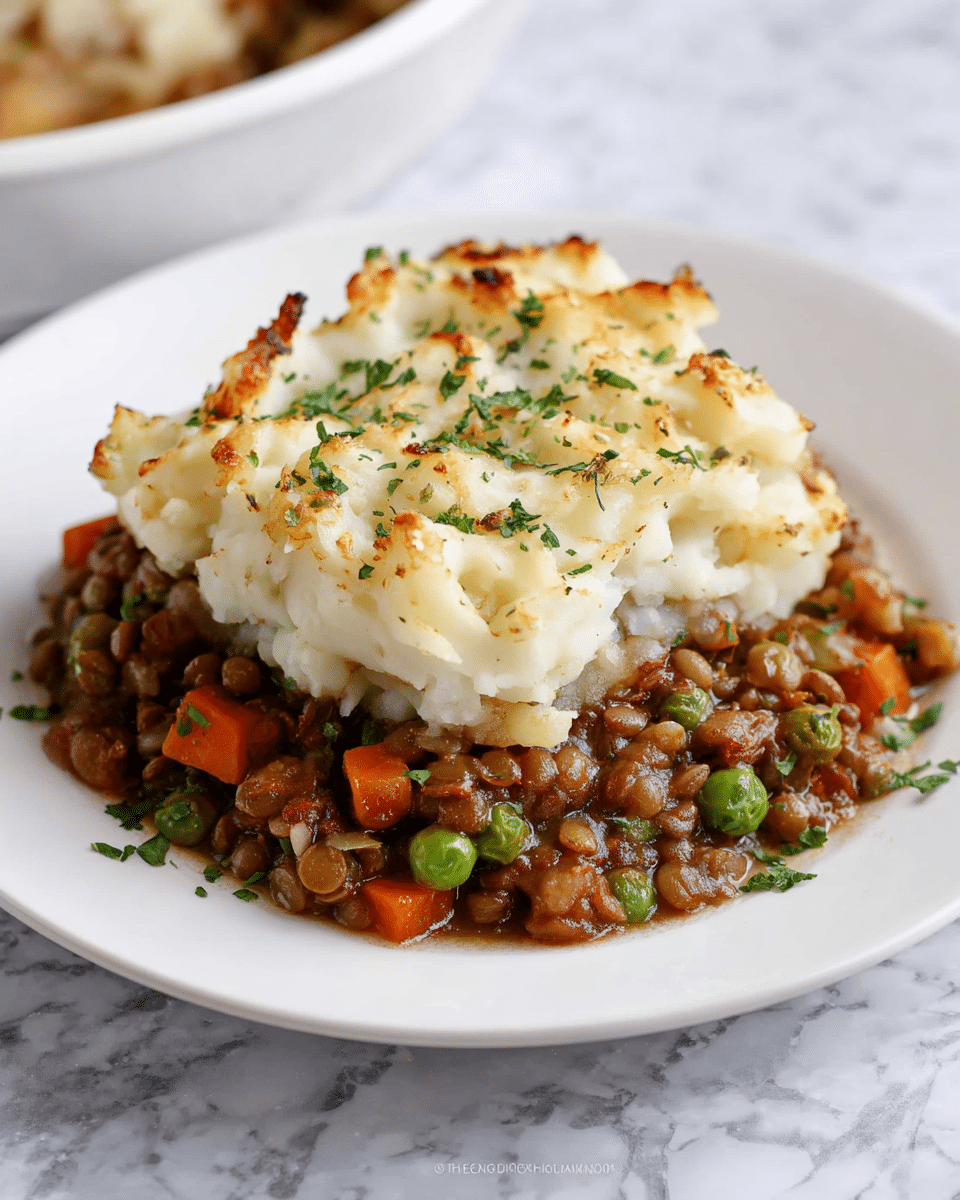 A white plate holds a two-layer dish placed on a white marbled textured surface. The bottom layer is a thick mix of brown lentils, orange carrot chunks, green peas, and small bits of light brown onions in a glossy sauce. On top, there is a layer of mashed potatoes, creamy white with some golden brown spots from baking, and a slightly rough texture with small peaks. The dish is sprinkled lightly with chopped green herbs for color. Photo taken with an iphone --ar 4:5 --v 7