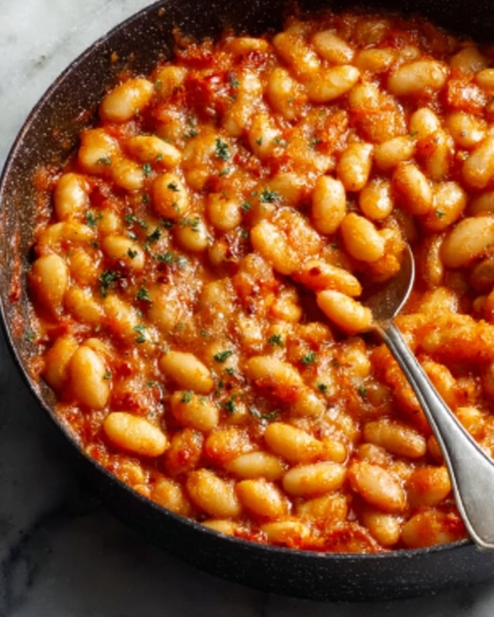 A close-up of a black pan filled with cooked white beans in a thick, rich tomato sauce with a reddish-orange color. The beans are soft and slightly shiny, covered by the sauce that has small bits of herbs and spices scattered on top. A silver spoon is partially dipped into the beans on the right side of the pan. The pan is sitting on a white marbled surface. photo taken with an iphone --ar 4:5 --v 7