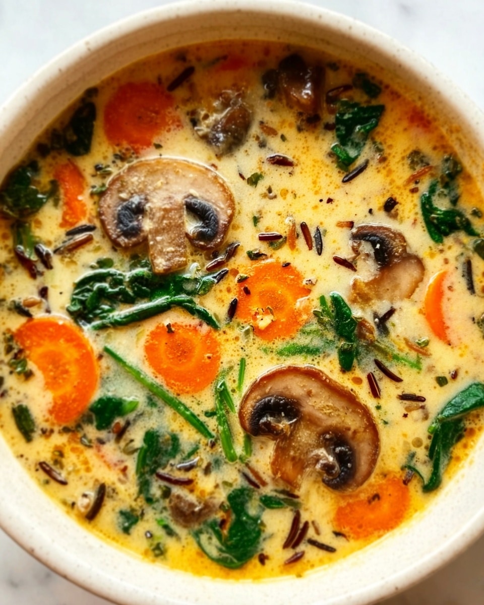 A close-up of a creamy soup served in a white bowl filled with orange carrot slices, pieces of light brown mushrooms, and bright green spinach leaves immersed in a light yellow broth; small grains of wild rice are spread throughout, adding texture. The white bowl rests on a white marbled surface. photo taken with an iphone --ar 4:5 --v 7