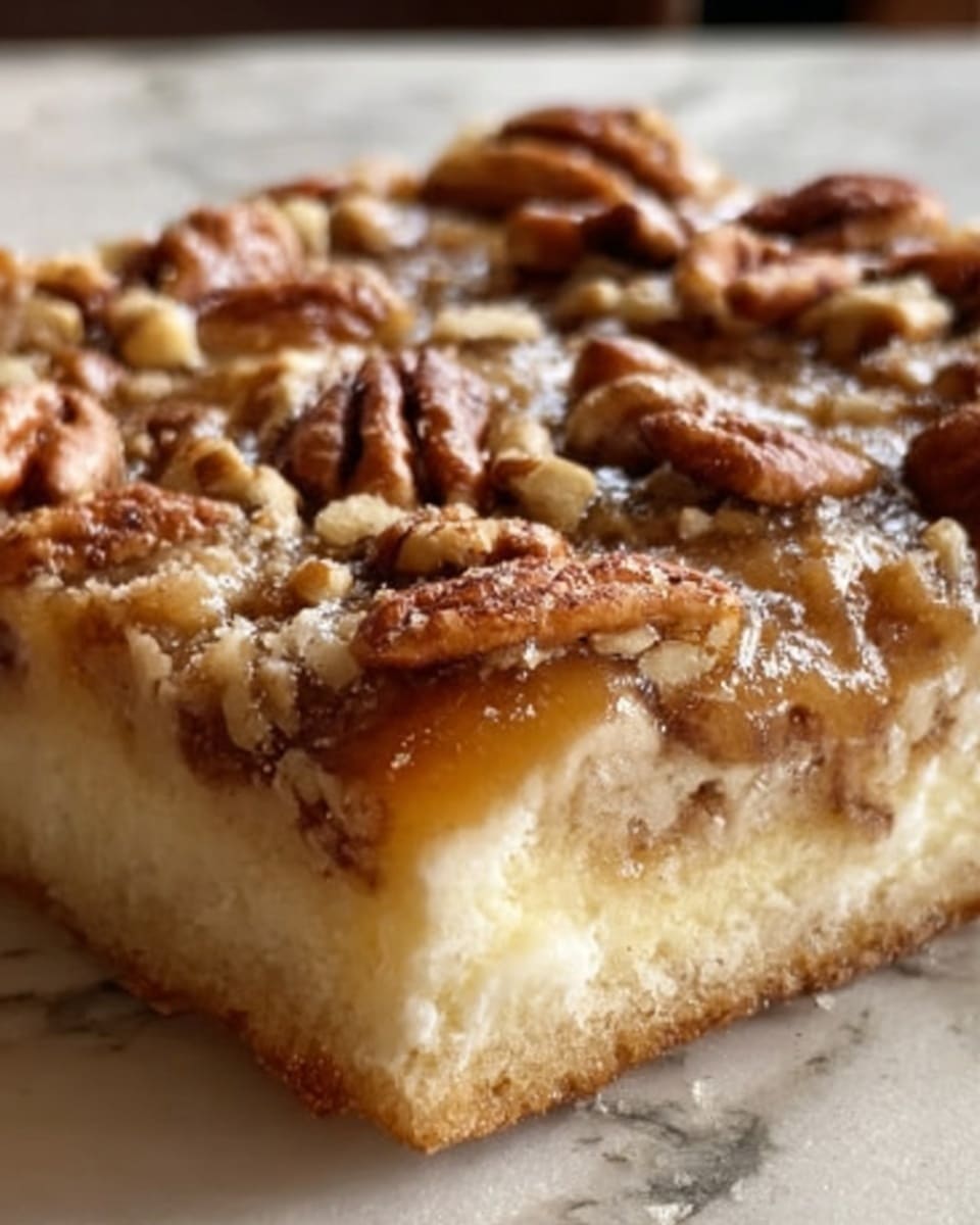 This image shows a close-up view of a square slice of dessert with two layers. The bottom layer is light and fluffy with a pale yellow color and soft texture. The top layer is thick and caramel-colored, covered evenly with whole pecan nuts that add a crunchy texture. The background has a white marbled texture. Photo taken with an iphone --ar 4:5 --v 7