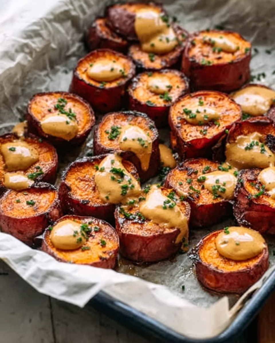 A white baking tray lined with crumpled white parchment paper holds multiple small, round slices of roasted sweet potatoes arranged closely together. Each sweet potato slice has a rich orange color with slightly charred edges, and some slices are topped with a dollop of creamy, light brown sauce and sprinkled with small green herbs. The background is a white marbled texture. Photo taken with an iphone --ar 4:5 --v 7
