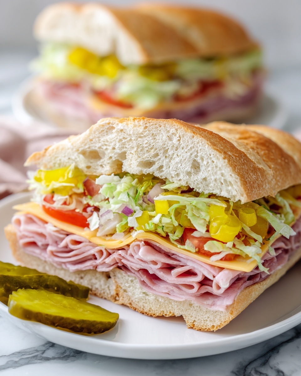 The image shows a sandwich cut in half, each half filled with multiple layers. The bottom layer consists of sliced meats with a pinkish and reddish color and a soft, moist texture. Above the meat layers, there are bright yellow slices of pickles, followed by fresh green lettuce with a crisp texture. On top of the lettuce, there are small red cherry tomato halves adding a pop of color. All the fillings are inside a soft, light brown baguette with a crunchy crust. The sandwich halves are placed on a white plate, and behind the sandwich, there is a green pickle on the side. The background is a white marbled texture. Photo taken with an iphone --ar 4:5 --v 7