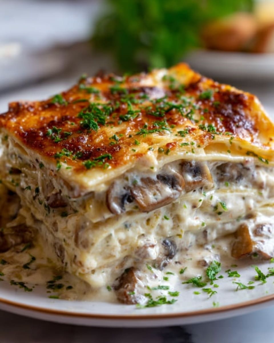 A close-up of a slice of layered mushroom lasagna on a white plate, showing multiple layers of creamy white sauce with small pieces of mushroom and herbs between thin pasta sheets. The top layer is golden brown with a crispy cheese crust, sprinkled with chopped green herbs. The lasagna looks rich and creamy with visible mushroom pieces throughout the layers. The background is a white marbled texture with some blurred greenery. Photo taken with an iphone --ar 4:5 --v 7