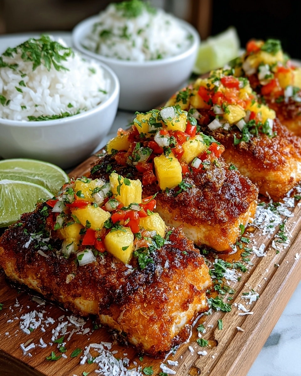 The image shows three pieces of crispy golden-brown fish fillets arranged in a row on a wooden board. Each fillet has a crunchy outer layer with a slightly charred texture and is topped with a colorful salsa made of small yellow pineapple chunks, bright red bell pepper pieces, diced white onion, and fresh green herbs. Around the fish, there are some white grated flakes sprinkled on top and finely chopped green herbs scattered for garnish. In the background, two white bowls filled with fluffy white rice and garnished with green herbs sit next to a couple of lime wedges. The whole scene is set on a white marbled surface. photo taken with an iphone --ar 4:5 --v 7