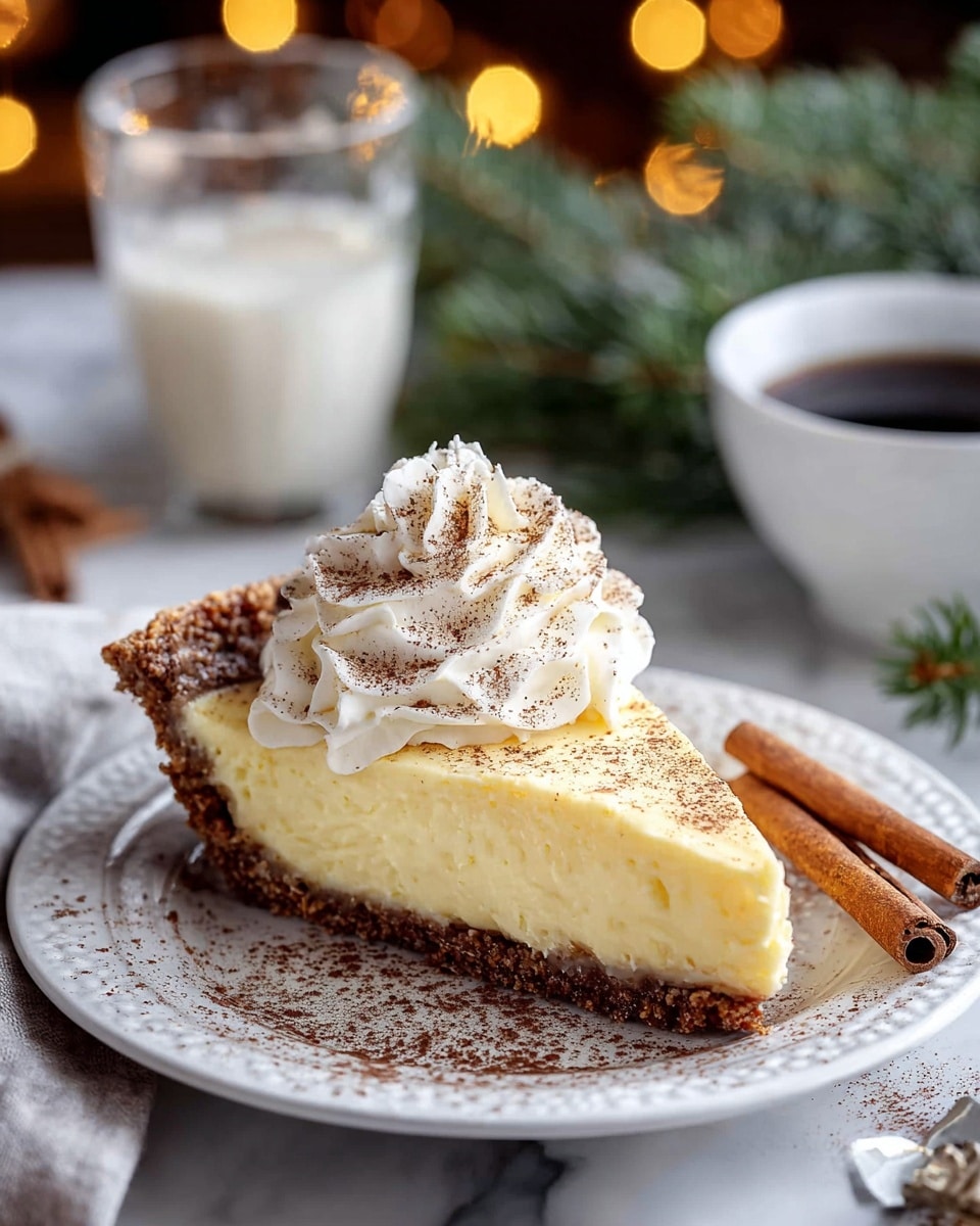 A slice of creamy yellow pie with a thick brown crust at the bottom and edges sits on a white plate with delicate patterns, sprinkled lightly with cinnamon or cocoa powder around and on top of the pie. On the center top of the pie, a generous swirl of white whipped cream is dusted with more of the brown powder. Next to the slice on the plate, two cinnamon sticks and a silver spoon rest. In the background, a blurred white cup filled with a dark drink and a glass of milk add depth, with warm golden bokeh lights and green evergreen branches creating a cozy atmosphere on a white marbled surface. Photo taken with an iphone --ar 4:5 --v 7