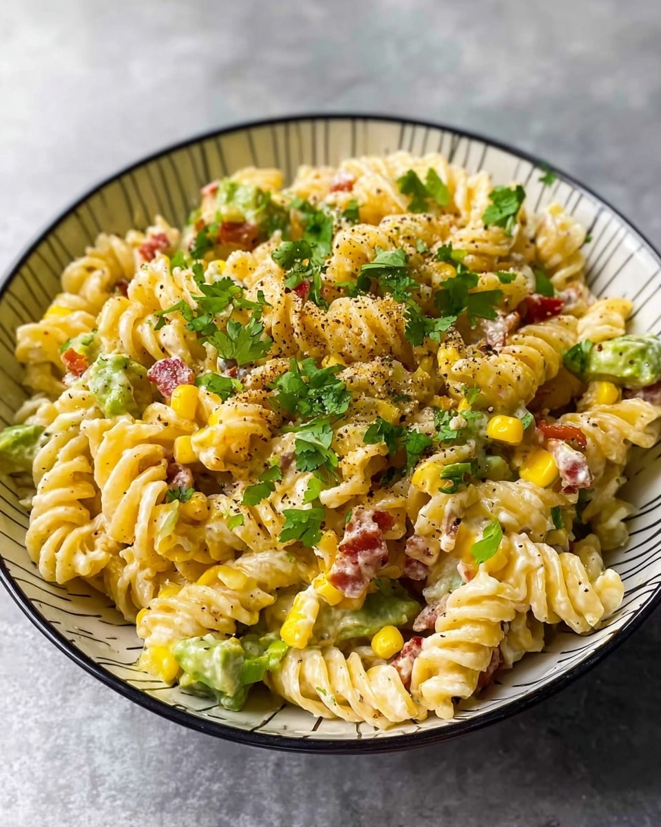 A close-up of a bowl filled with a creamy pasta salad made of spiral rotini noodles. The base layer is light yellow creamy pasta mixed evenly with bright yellow corn kernels. Scattered throughout are chunks of green avocado, bits of red bacon, and small specks of white cheese. The pasta is garnished with fresh green cilantro leaves and a sprinkle of black pepper on top. The bowl is white with a subtle black pattern along the rim, sitting on a white marbled texture surface. photo taken with an iphone --ar 4:5 --v 7
