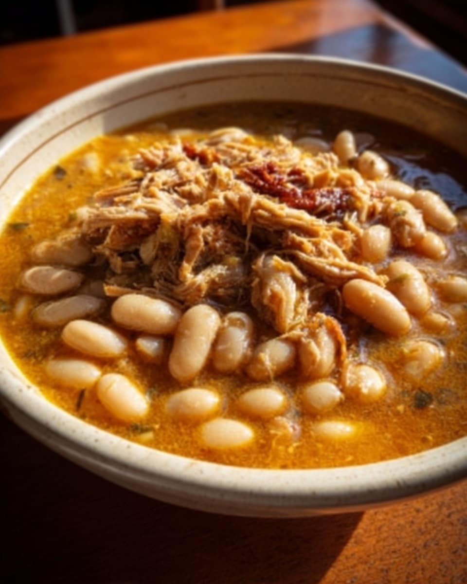 The image shows a bowl filled with a thick stew made of white beans and shredded meat in a brownish-orange broth. The beans are large and smooth, covering most of the surface, while the shredded meat is scattered on top and mixed in, adding texture and depth. The bowl is white with a simple design, placed on a wooden table, and the broth looks slightly oily with some small herbs or spices visible on the surface. The lighting is warm, highlighting the rich colors and thickness of the stew. Photo taken with an iphone --ar 4:5 --v 7